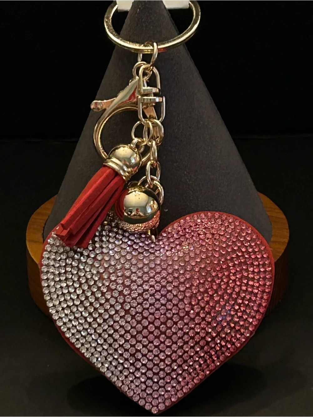 PREMIUM Puffy Pink & Red Ombré Crystal Heart Bag Charm Keychain w/Tassel